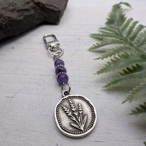 Lavender Pendant Keychain / Bag Charm with Amethyst Beads